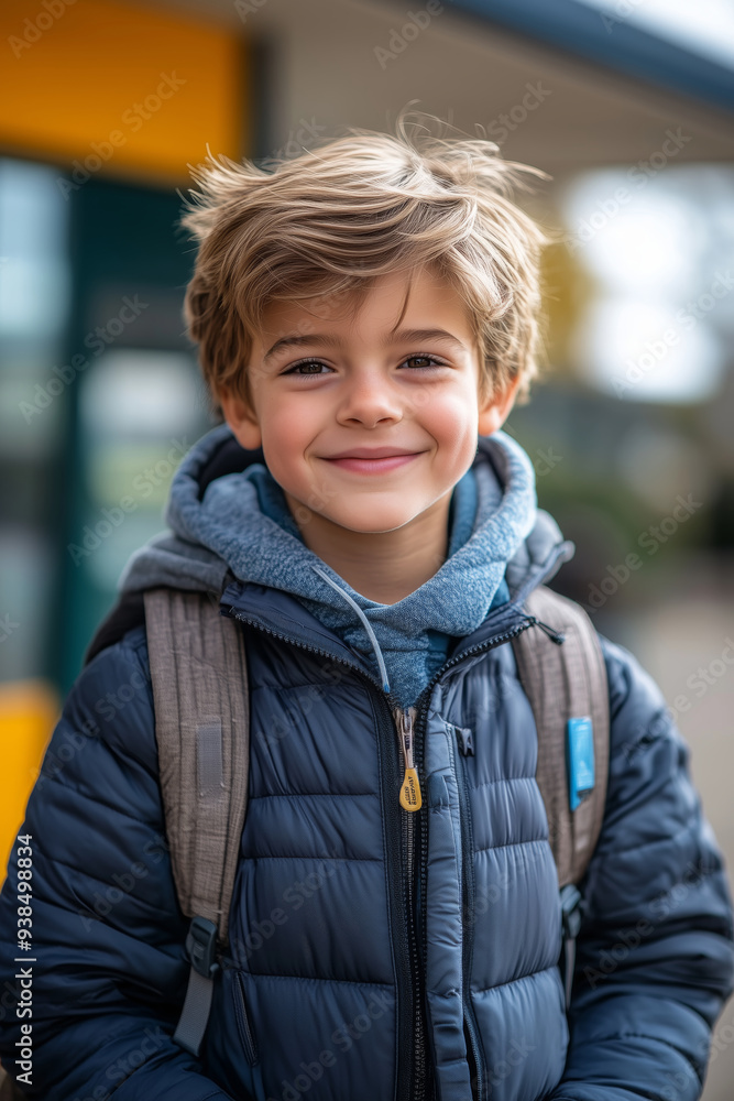 Cheerful elementary school boy with a backpack enjoying a sunny day outside his school Cheerful elementary school boy with a backpack enjoying a sunny day outside his school
