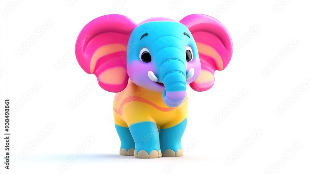 Lively 3D cartoon elephant with vibrant colors, flapping ears, and a joyful expression, set on a white background, perfect for fun designs Lively 3D cartoon elephant with vibrant colors, flapping ears, and a joyful expression, set on a white background, perfect for fun designs