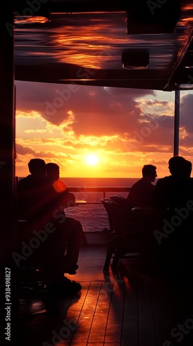 A candid moment of shipmates enjoying a sunset on a ship, creating a warm and inviting atmosphere