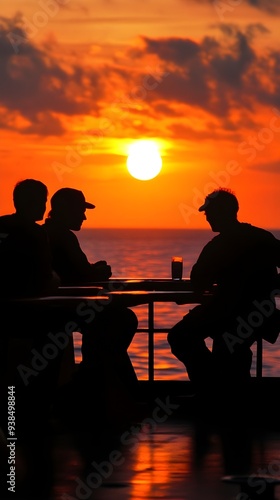 A candid moment of shipmates enjoying a sunset on a ship, creating a warm and inviting atmosphere