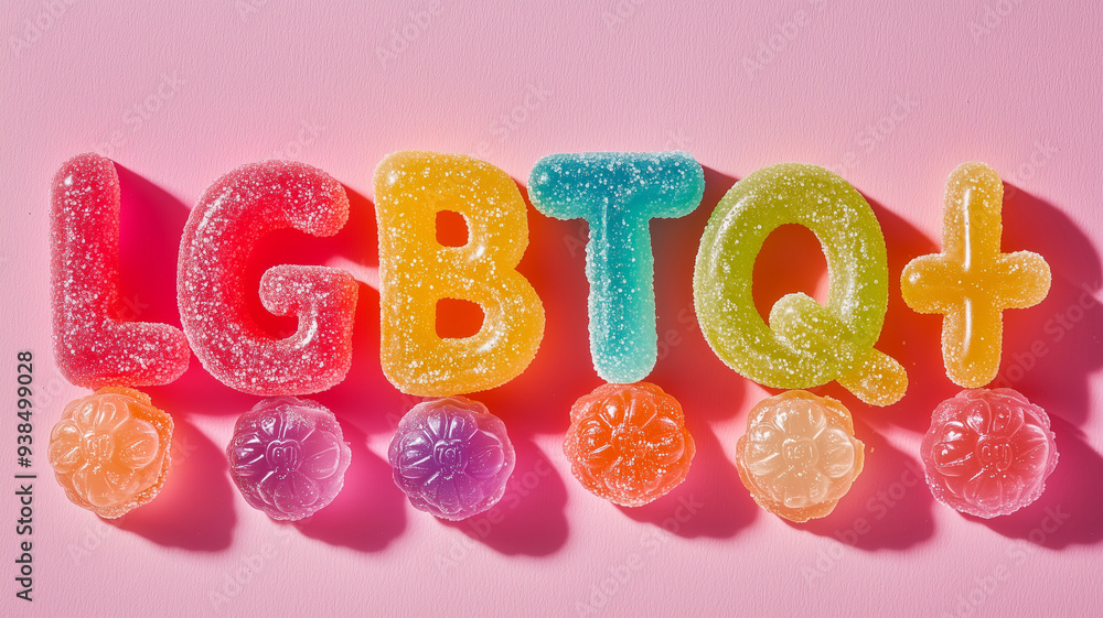 Fototapeta premium Rainbow jelly letters spelling LGBTQ on a vibrant pink backdrop, celebrating inclusivity and diversity in a colorful, creative arrangement