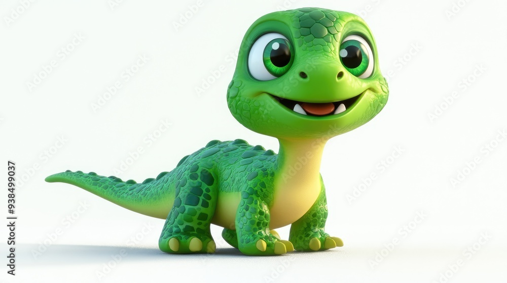 Obraz premium Vibrant 3D adorable cartoon dinosaur with big eyes and a playful smile, bright green scales, set against a clean white background