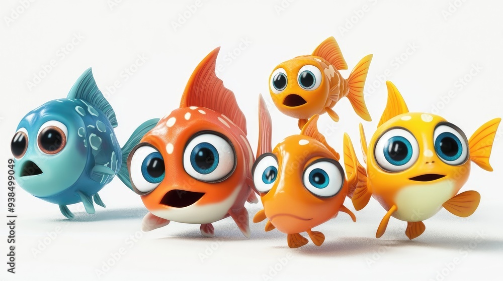 Vibrant 3D adorable cartoon fish with big eyes, various characters, colorful and lively, set against a white background Vibrant 3D adorable cartoon fish with big eyes, various characters, colorful and lively, set against a white background