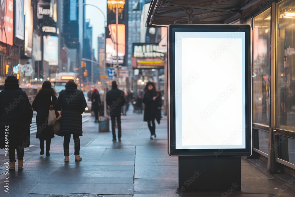 A serene sunset casting warm light on an empty vertical billboard in the bustling city streets A serene sunset casting warm light on an empty vertical billboard in the bustling city streets