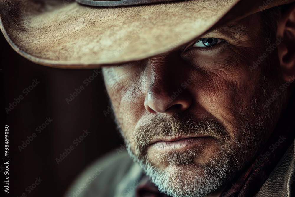 A rugged western farmer gazing confidently under the brim of his weathered hat at dusk A rugged western farmer gazing confidently under the brim of his weathered hat at dusk