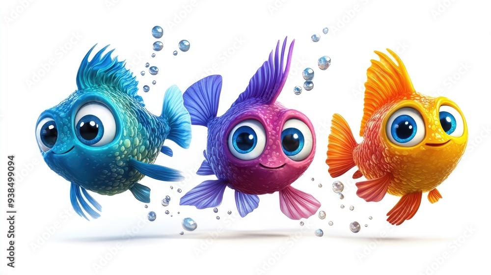 Fototapeta premium Vibrant 3D adorable fish with big eyes, various cartoon characters, colorful and lively on a white background