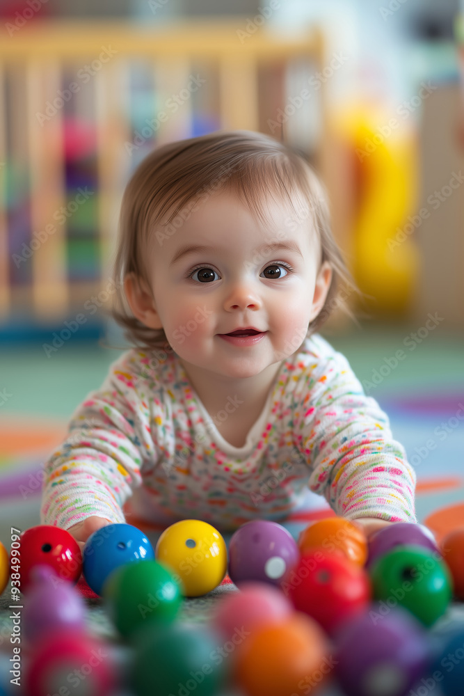 A curious baby girl enjoys colorful building blocks in a bright nursery filled with playful energy A curious baby girl enjoys colorful building blocks in a bright nursery filled with playful energy