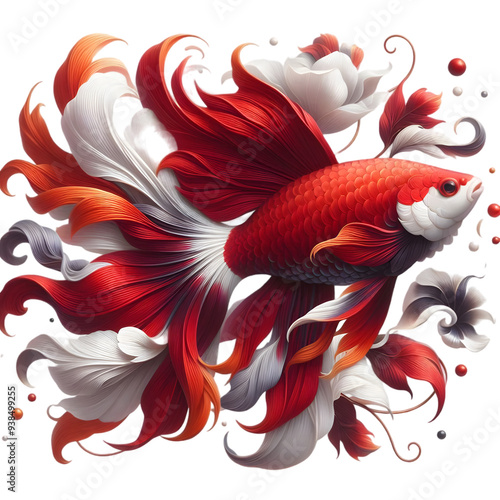  A Deep Red with white orange Color Koi Betta fish swimming on transparent background photo