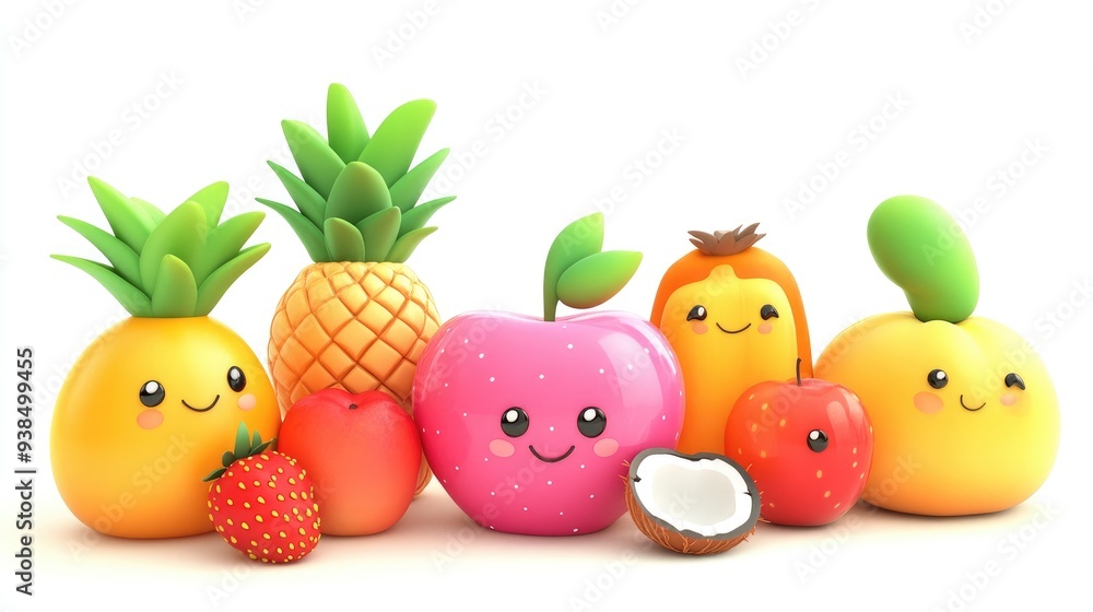 3D adorable cartoon fruits: banana, sugar apple, rose apple, pineapple, strawberry, coconut, orange, colorful on white 3D adorable cartoon fruits: banana, sugar apple, rose apple, pineapple, strawberry, coconut, orange, colorful on white