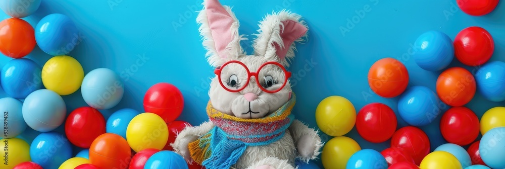 Vibrant children's toys featuring a plush bunny wearing glasses and a scarf, surrounded by fun, colorful balls. Vibrant children's toys featuring a plush bunny wearing glasses and a scarf, surrounded by fun, colorful balls.