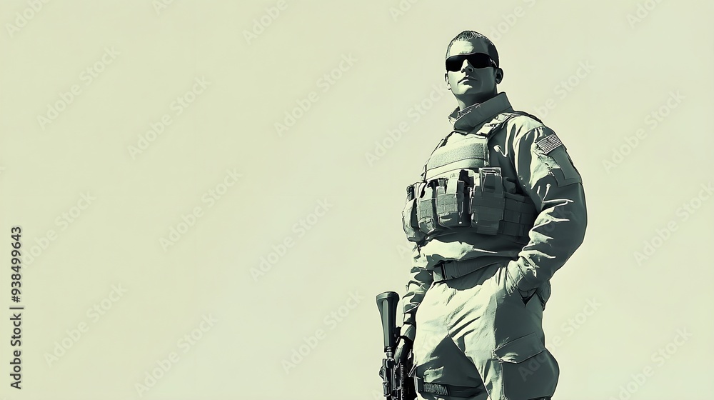 A special agent dressed in a tactical outfit stands confidently in an urban setting, with a light solid color background highlighting their serious demeanor. A special agent dressed in a tactical outfit stands confidently in an urban setting, with a light solid color background highlighting their serious demeanor.