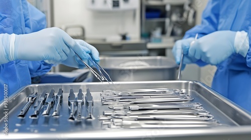 A sterile processing technician organizing surgical instruments on a table in a clean room environment
