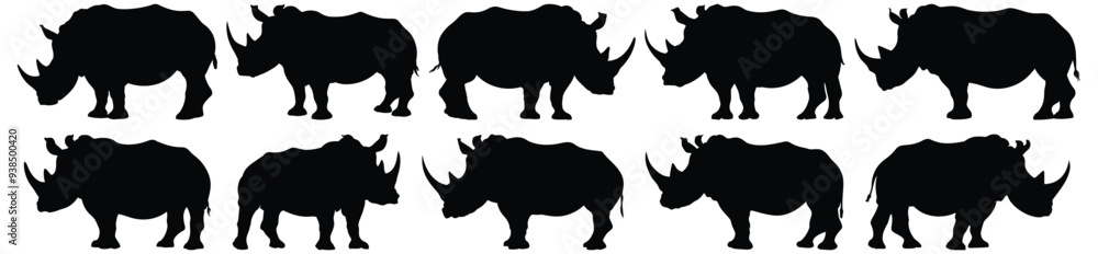 Rhino silhouettes set, animal pack of vector silhouette design, isolated background Rhino silhouettes set, animal pack of vector silhouette design, isolated background