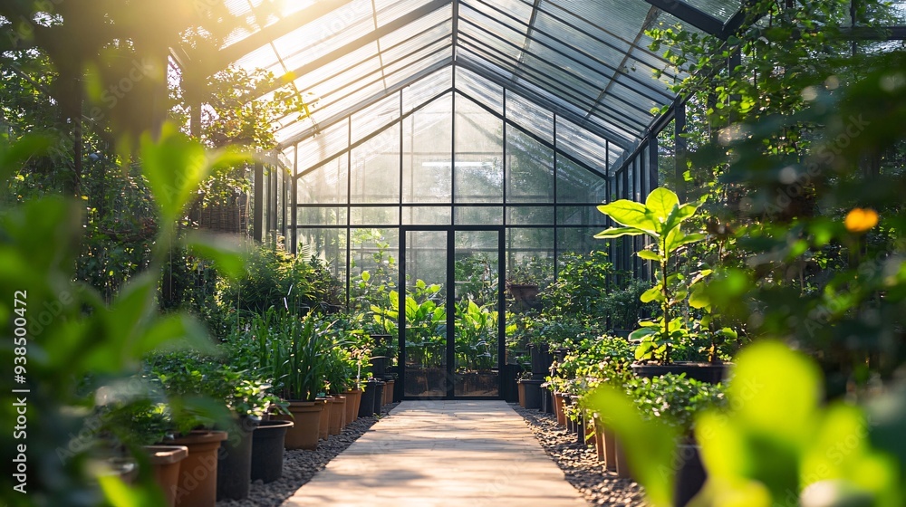 Bright Greenhouse with Sunlit Glass Panels and Lush Plants, Copy Space Above Bright Greenhouse with Sunlit Glass Panels and Lush Plants, Copy Space Above
