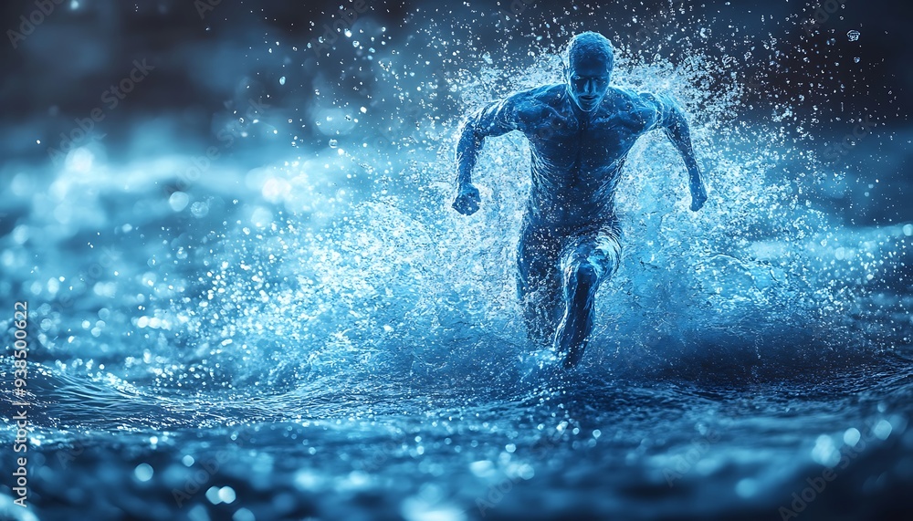 The human body shape of a running man filled with blue water on a blue gradient background - sport or fitness hydration, healthy lifestyle or wellness concept design The human body shape of a running man filled with blue water on a blue gradient background - sport or fitness hydration, healthy lifestyle or wellness concept design
