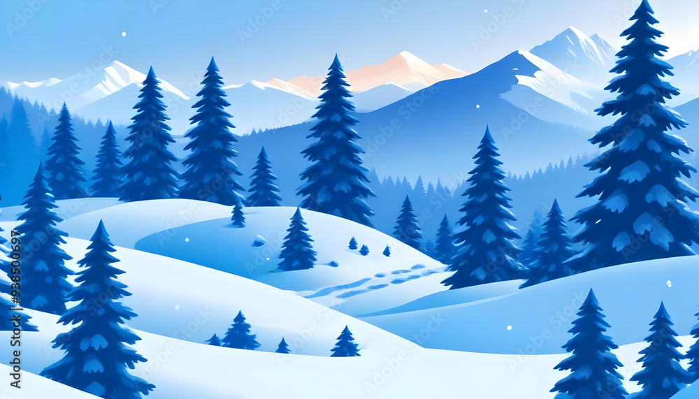 Fototapeta premium Snowy winter landscape with pine trees mountains in the background 3