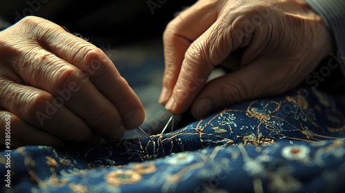 A close-up of a tailor's hands skillfully stitching fabric with a needle and thread