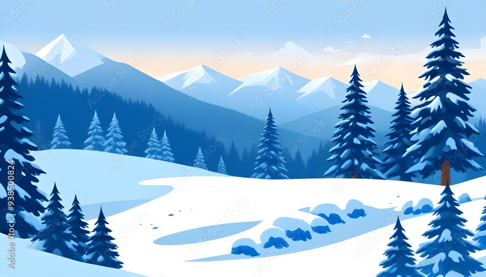 Fototapeta premium Snowy winter landscape with pine trees mountains in the background 8