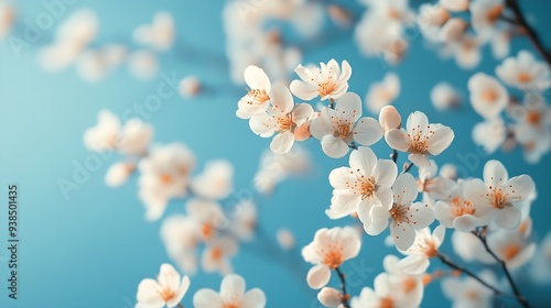 Spring flowers on a blue background Summer aesthetic concept : Generative AI