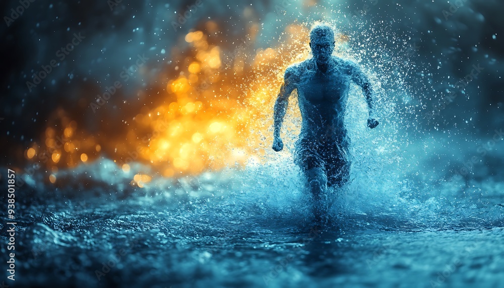 The human body shape of a running man filled with blue water on a blue gradient background - sport or fitness hydration, healthy lifestyle or wellness concept design The human body shape of a running man filled with blue water on a blue gradient background - sport or fitness hydration, healthy lifestyle or wellness concept design