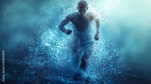  The human body shape of a running man filled with blue water on a blue gradient background - sport or fitness hydration, healthy lifestyle or wellness concept design 