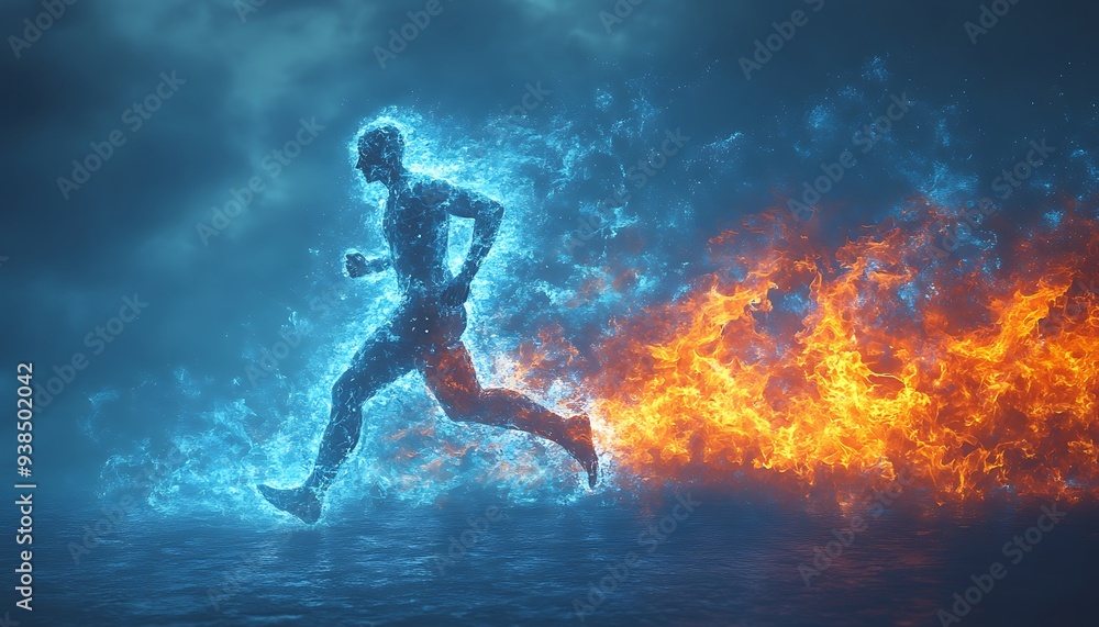 The human body shape of a running man filled with blue water on a blue gradient background - sport or fitness hydration, healthy lifestyle or wellness concept design The human body shape of a running man filled with blue water on a blue gradient background - sport or fitness hydration, healthy lifestyle or wellness concept design