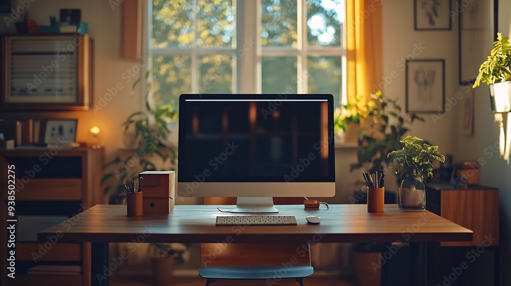 Clean bright and empty home office interior organized with a computer and desk inside Modern contemporary and work space view of a decorated room with stylish decor and wooden furnitur : Generative AI Clean bright and empty home office interior organized with a computer and desk inside Modern contemporary and work space view of a decorated room with stylish decor and wooden furnitur : Generative AI