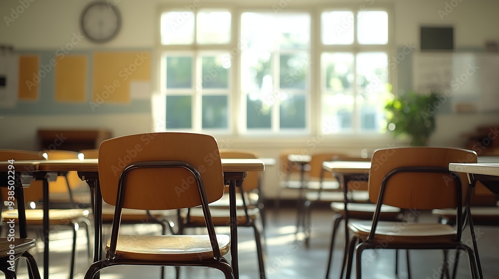 Chairs placed on desks in an empty classroom : Generative AI Chairs placed on desks in an empty classroom : Generative AI