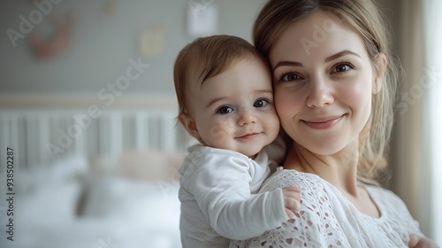 Mother and babyMother holding baby Happy beautiful young mom standing in bedroom or nursery room interior in tender white and pastel colors holding cute sweet little child and smiling  : Generative AI photo