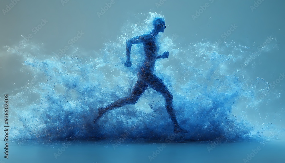 Fototapeta premium The human body shape of a running man filled with blue water on a blue gradient background - sport or fitness hydration, healthy lifestyle or wellness concept design 