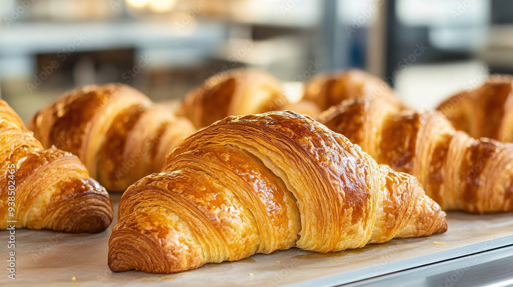 Freshly baked croissants on counter in a bakery. food photography concept for advertisement. Freshly baked croissants on counter in a bakery. food photography concept for advertisement.