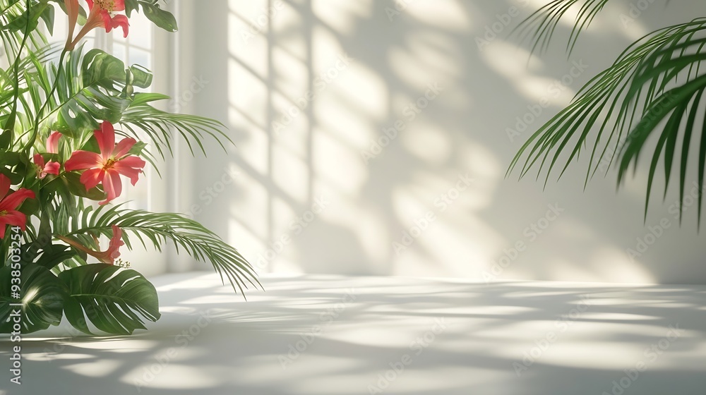 Naklejka premium Abstract white studio background for product presentation Empty room with shadows of window and flowers and palm leaves 3d room with copy space Summer concert Blurred backdrop : Generative AI