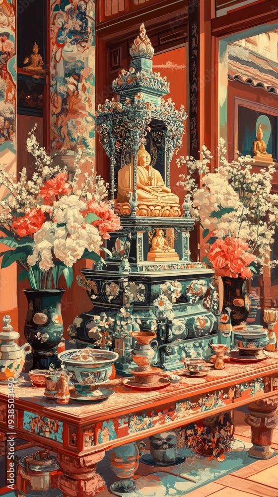Fototapeta premium Triple Gem Temple Altar Buddhism Religion Spiritual Symbol
