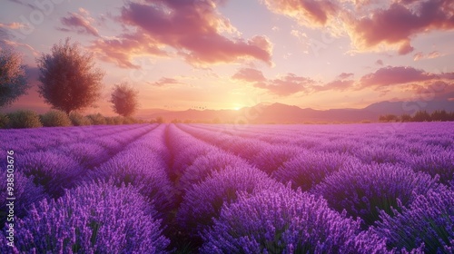 Sunset over a peaceful lavender field with golden light