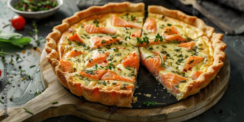Herb-Infused Salmon and Cheese Quiche, Freshly Baked and Sliced on a Cutting Board for Morning Meal Herb-Infused Salmon and Cheese Quiche, Freshly Baked and Sliced on a Cutting Board for Morning Meal