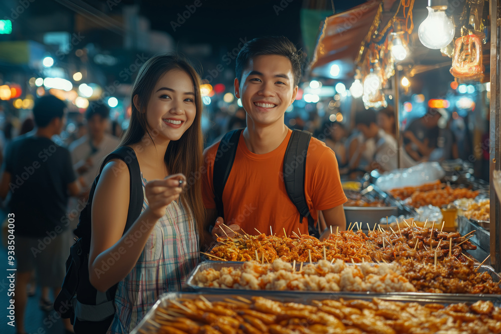 Young Asian couple enjoying street food and capturing unforgettable memories at a lively night market Young Asian couple enjoying street food and capturing unforgettable memories at a lively night market