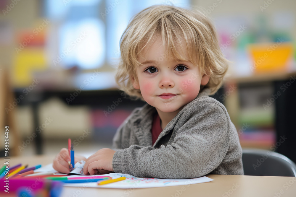 Proud toddler showcases his colorful drawing in a vibrant kindergarten classroom Proud toddler showcases his colorful drawing in a vibrant kindergarten classroom
