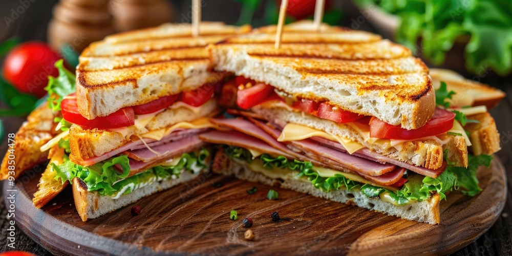 Delicious Club Sandwich with Crispy Toast, Chicken, Ham, Lettuce, Cheese, and Tomatoes Delicious Club Sandwich with Crispy Toast, Chicken, Ham, Lettuce, Cheese, and Tomatoes