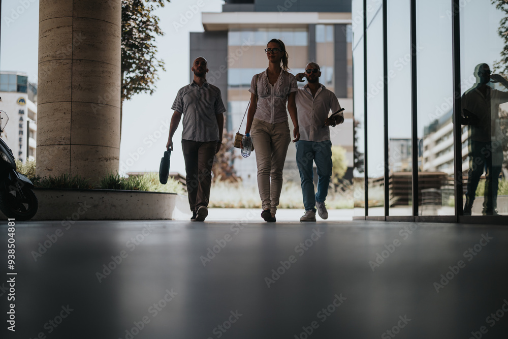 Three businesspeople walking together in a modern urban downtown, engaged in an outdoor meeting. Concept of teamwork and business professionalism. Three businesspeople walking together in a modern urban downtown, engaged in an outdoor meeting. Concept of teamwork and business professionalism.