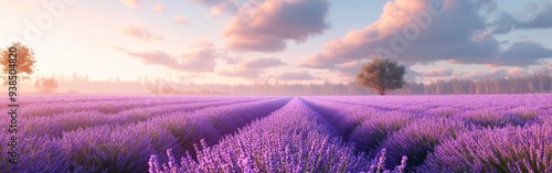 Sunset over a peaceful lavender field with golden light