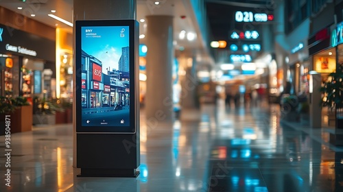 Advertising digital screen on pillar in shopping mall Vertical OOH out of home poster display in retail environment Out of focus bokeh effect in background : Generative AI