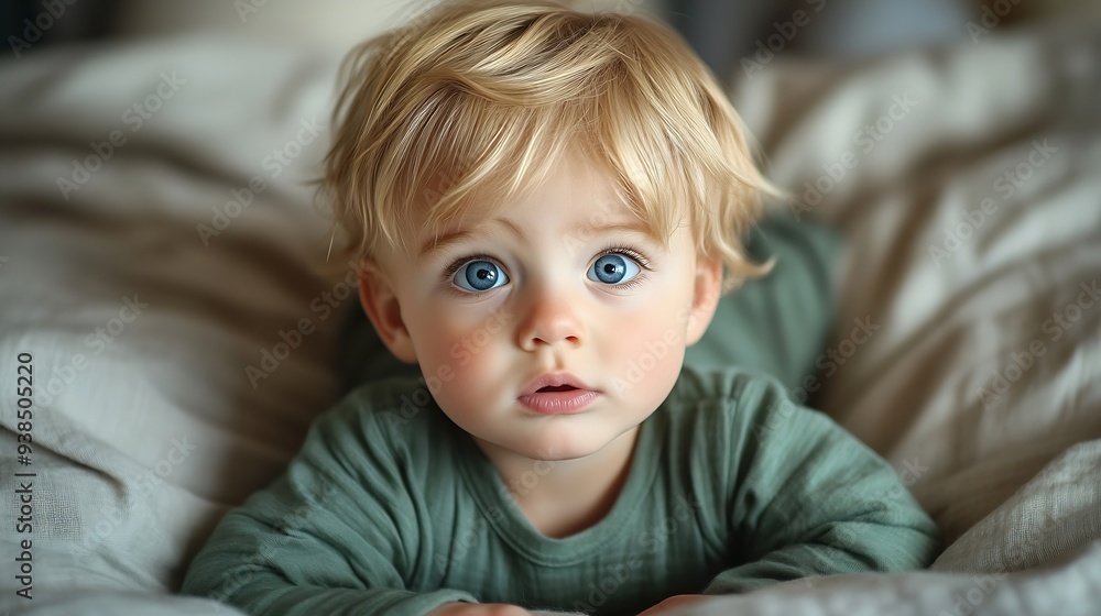 Close up portrait of little sad cute blonde infant boy child toddler with blue eyes in green linen bodysuit lying on bed at nursery room Childish tantrum Difficulty problems putting ba : Generative AI Close up portrait of little sad cute blonde infant boy child toddler with blue eyes in green linen bodysuit lying on bed at nursery room Childish tantrum Difficulty problems putting ba : Generative AI