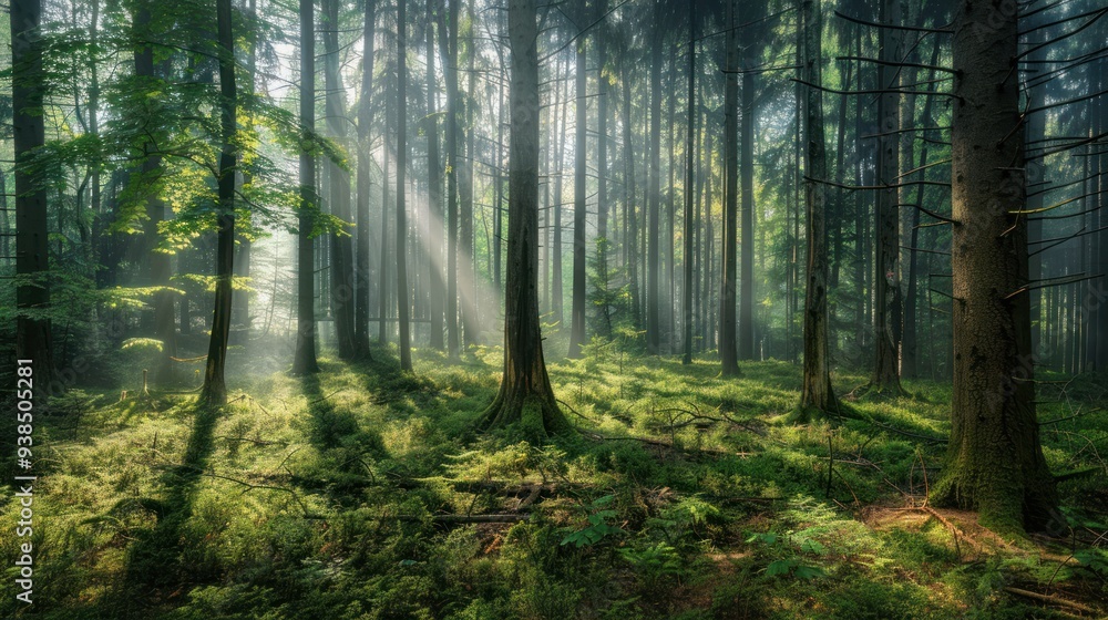 Obraz premium Sunbeams Through the Forest