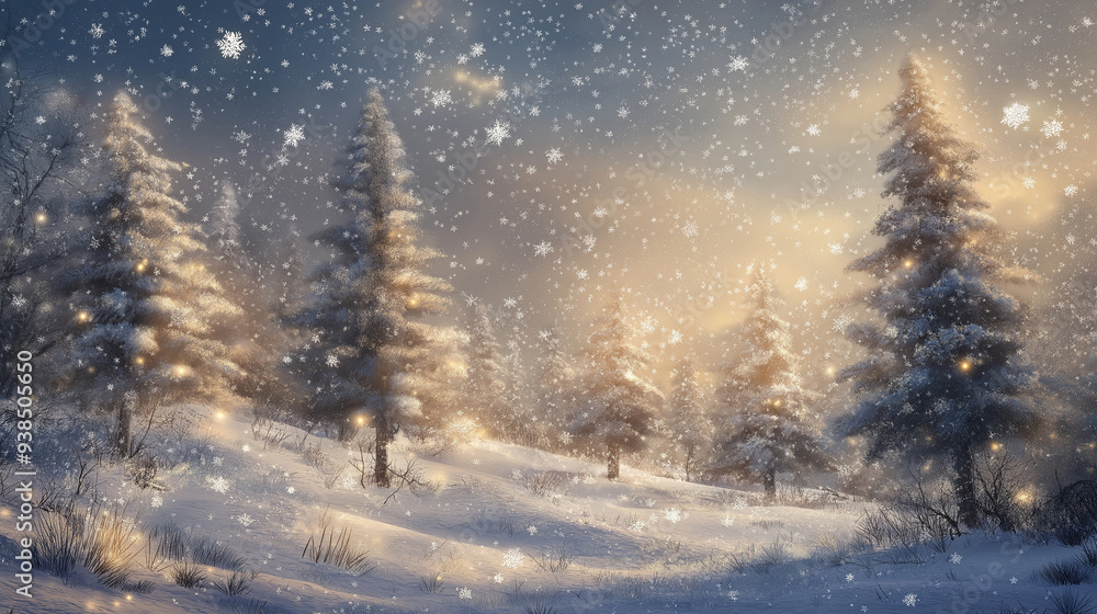 Serene Snowy Landscape with Twinkling Lights Frosty Trees and Softly Falling Snowflakes for Peaceful Holiday and Winter-Themed Projects Serene Snowy Landscape with Twinkling Lights Frosty Trees and Softly Falling Snowflakes for Peaceful Holiday and Winter-Themed Projects