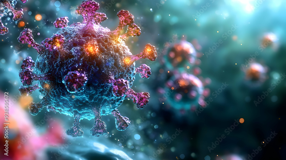 3D rendering of a virus with a blue and purple exterior and spikes. 3D rendering of a virus with a blue and purple exterior and spikes.