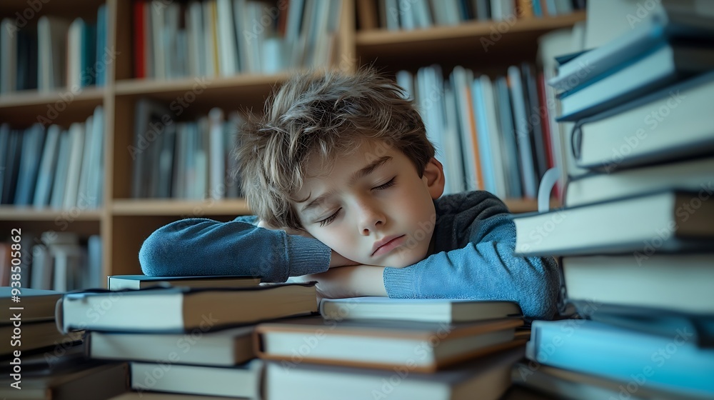 A tired sad boy lies on a stack of books studying at home at his desk Home education Coronavirus epidemic covid19 The child is doing homework Homeschooling Quarantine Overwork and heal : Generative AI A tired sad boy lies on a stack of books studying at home at his desk Home education Coronavirus epidemic covid19 The child is doing homework Homeschooling Quarantine Overwork and heal : Generative AI