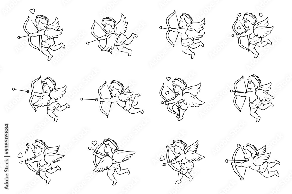 Cupid outline set. Valentine's day. Love symbol. Angel with a wings. Cherubs silhouette. Cupid shooting arrow. Cupid outline set. Valentine's day. Love symbol. Angel with a wings. Cherubs silhouette. Cupid shooting arrow.