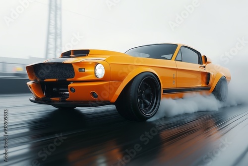 Muscle car with wide tires and a roaring exhaust ready for the drag strip.