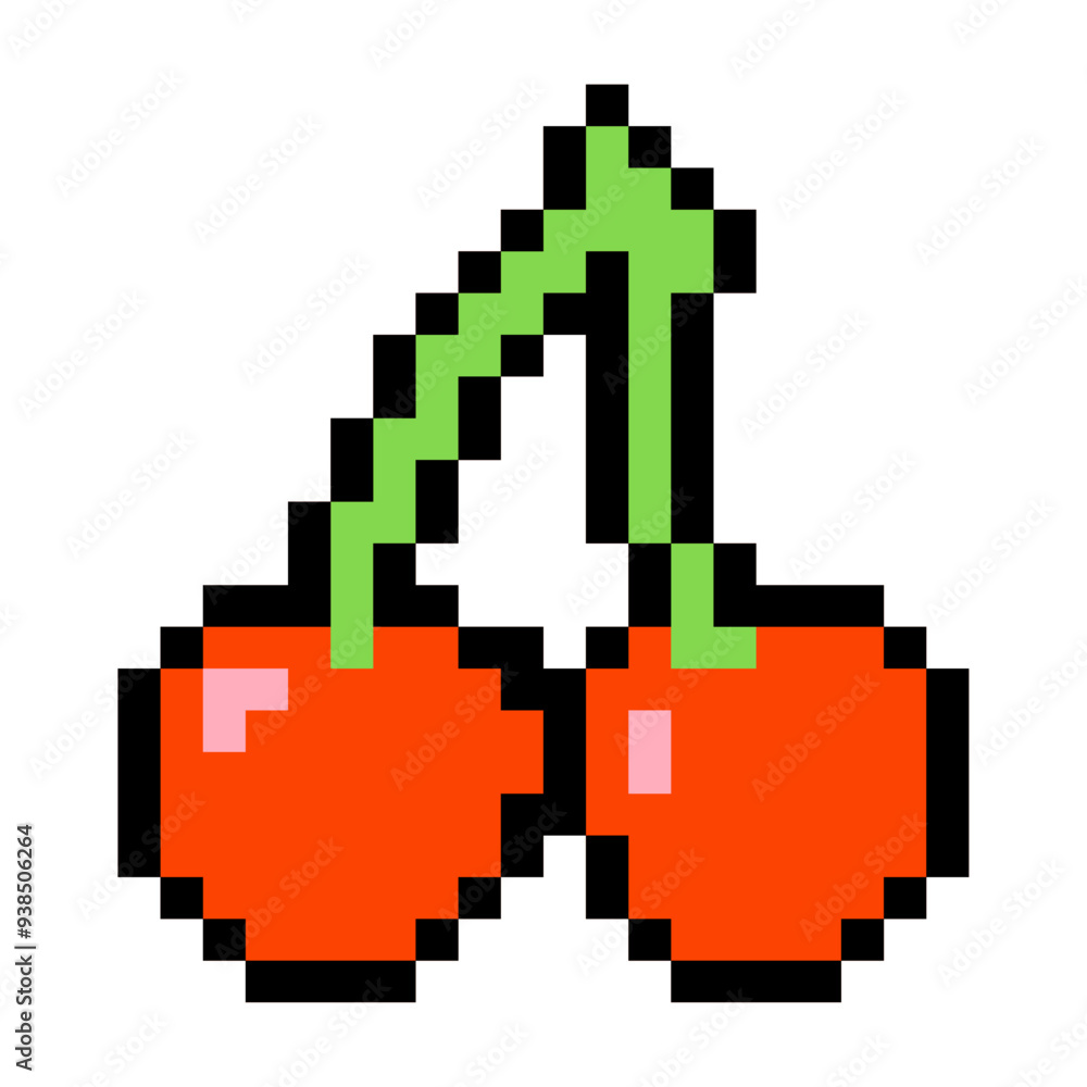 Red cherry emoji. Pixel art vector icon. Isolated on white background. Vintage 8-bit texture. Minimalistic pixel graphics. Fruit symbol. Old style. 80s,90s video game object design. Red cherry emoji. Pixel art vector icon. Isolated on white background. Vintage 8-bit texture. Minimalistic pixel graphics. Fruit symbol. Old style. 80s,90s video game object design.