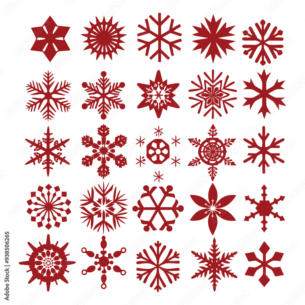 A collection of flat snowflake icons in a winter themed vector illustration. Perfect for adding a festive touch to your Christmas designs, these snowflake crystals are ideal for holiday decorations.